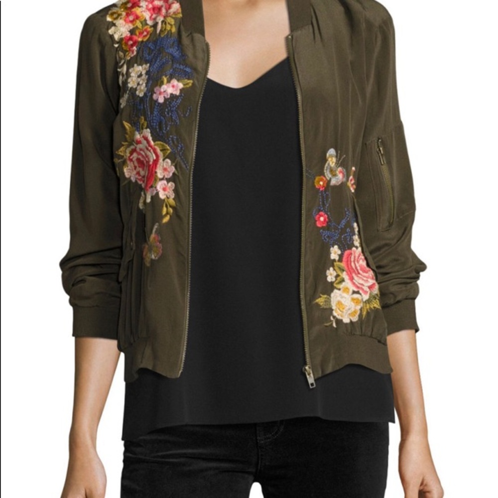 Johnny Was “Lucy” bomber jacket army green silk